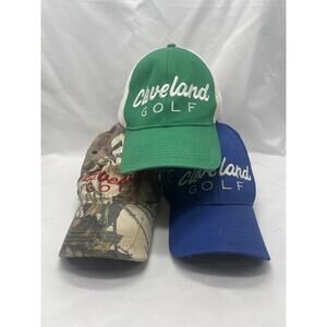 Lot of‎ 3 Cleveland Golf Hats Green Blue & Camo Adjustable Perfect Fit Caps